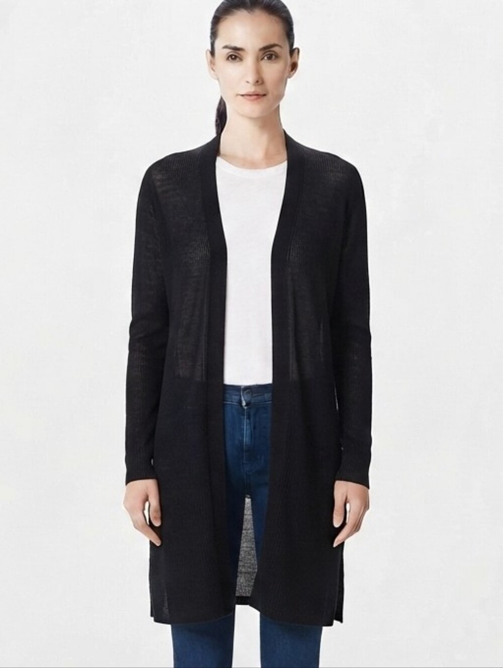 EILEEN Fisher Open Front Long Linen/Cotton Blend Cardigan In Black Size XS